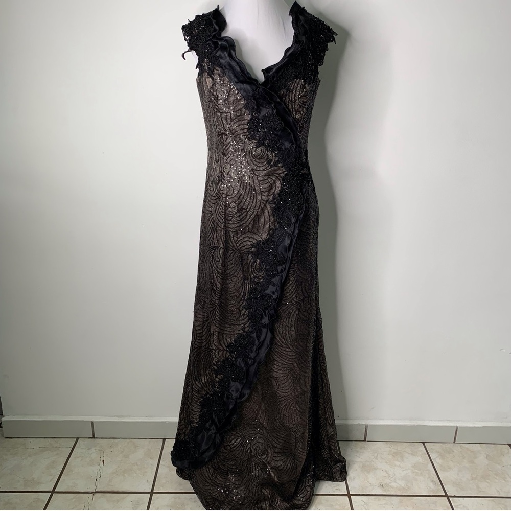 Tina Di Martina Womens Black Sequins Ruffle Wrap Maxi Floral Evening Dress Small